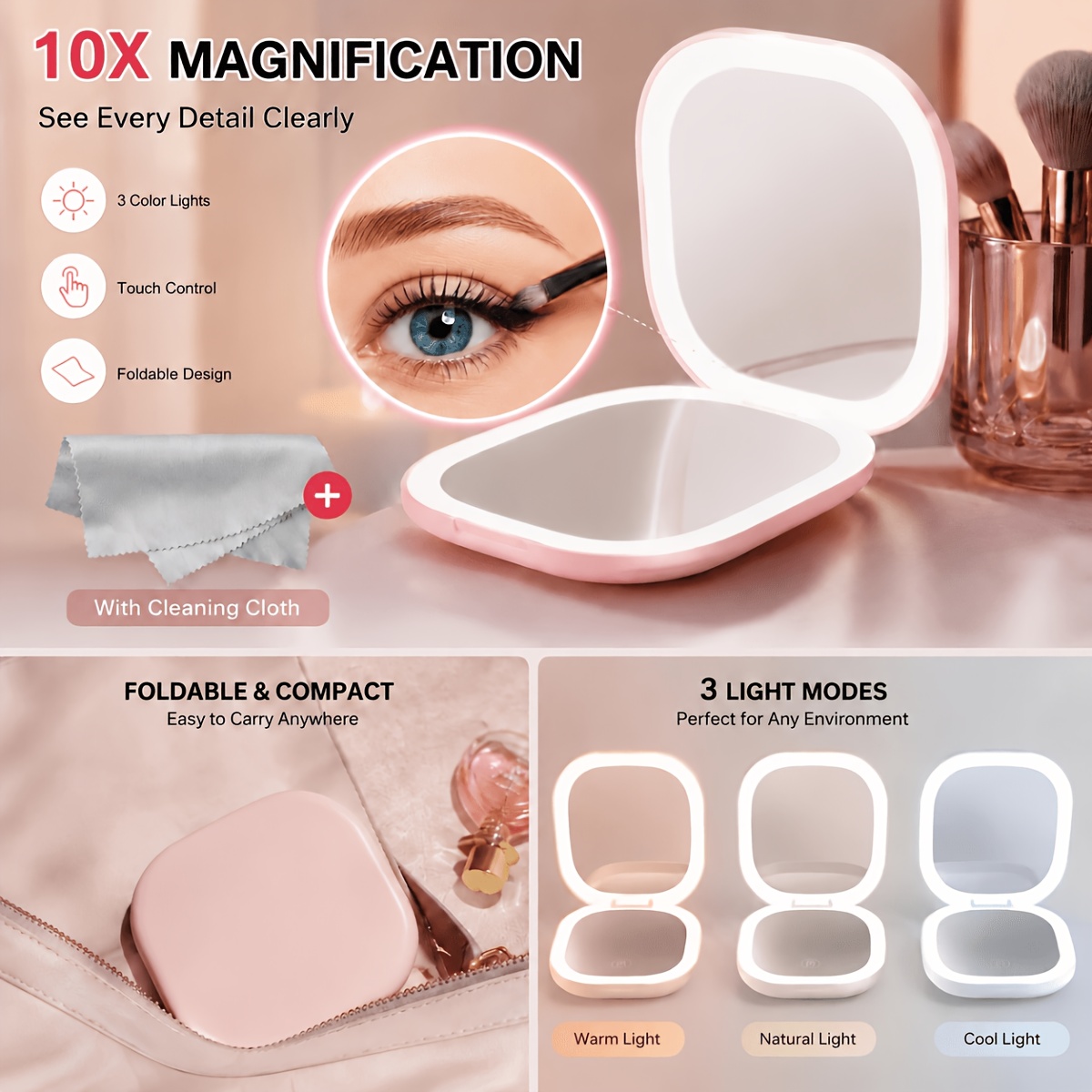USB-Powered Touch-Control LED Makeup Mirror with 10x Magnification