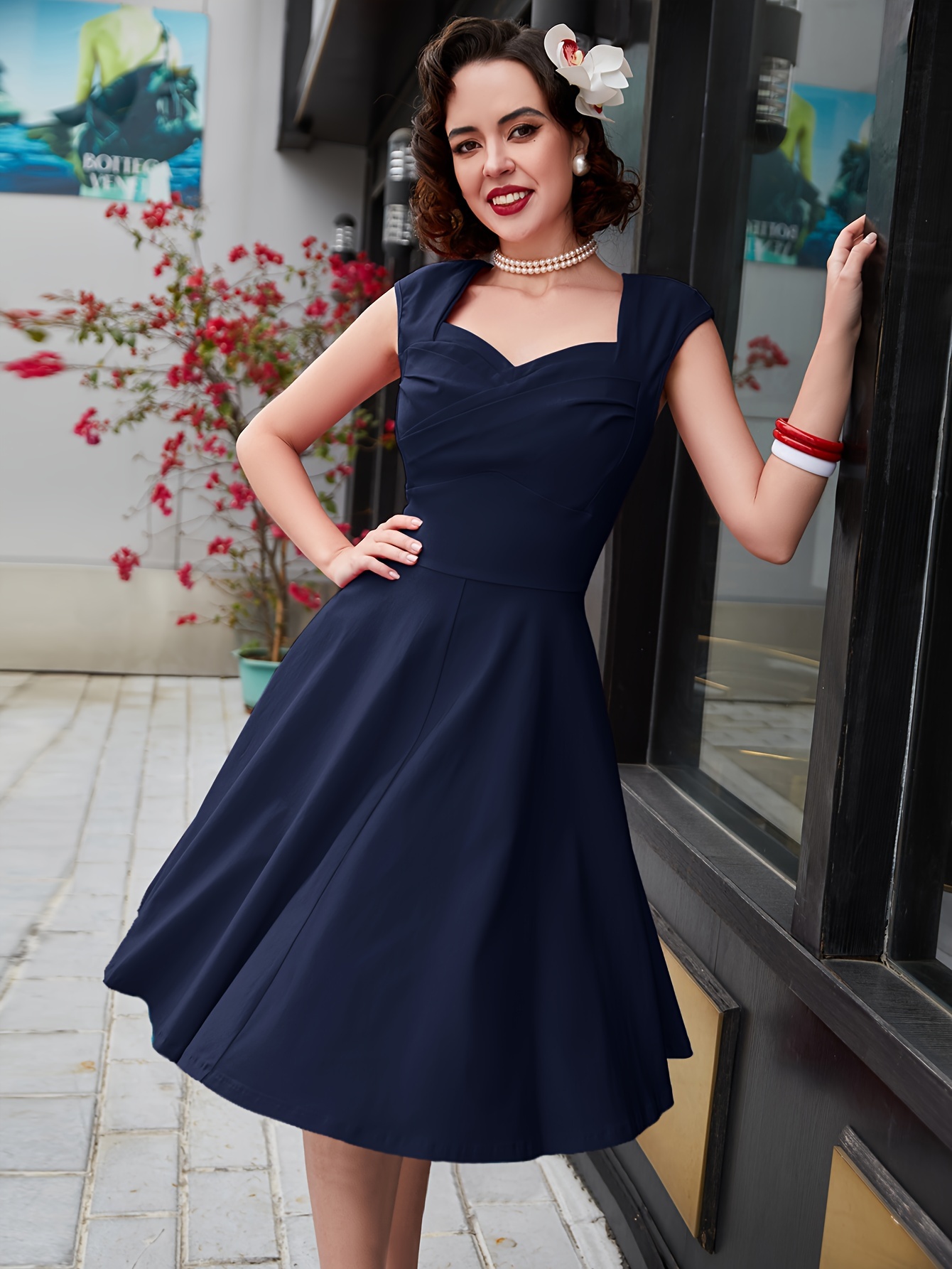 fitted lace wedding dress Navy Blue Sweetheart Sleeveless Circle Dress| Retro Cocktail Party Dress S main image 1