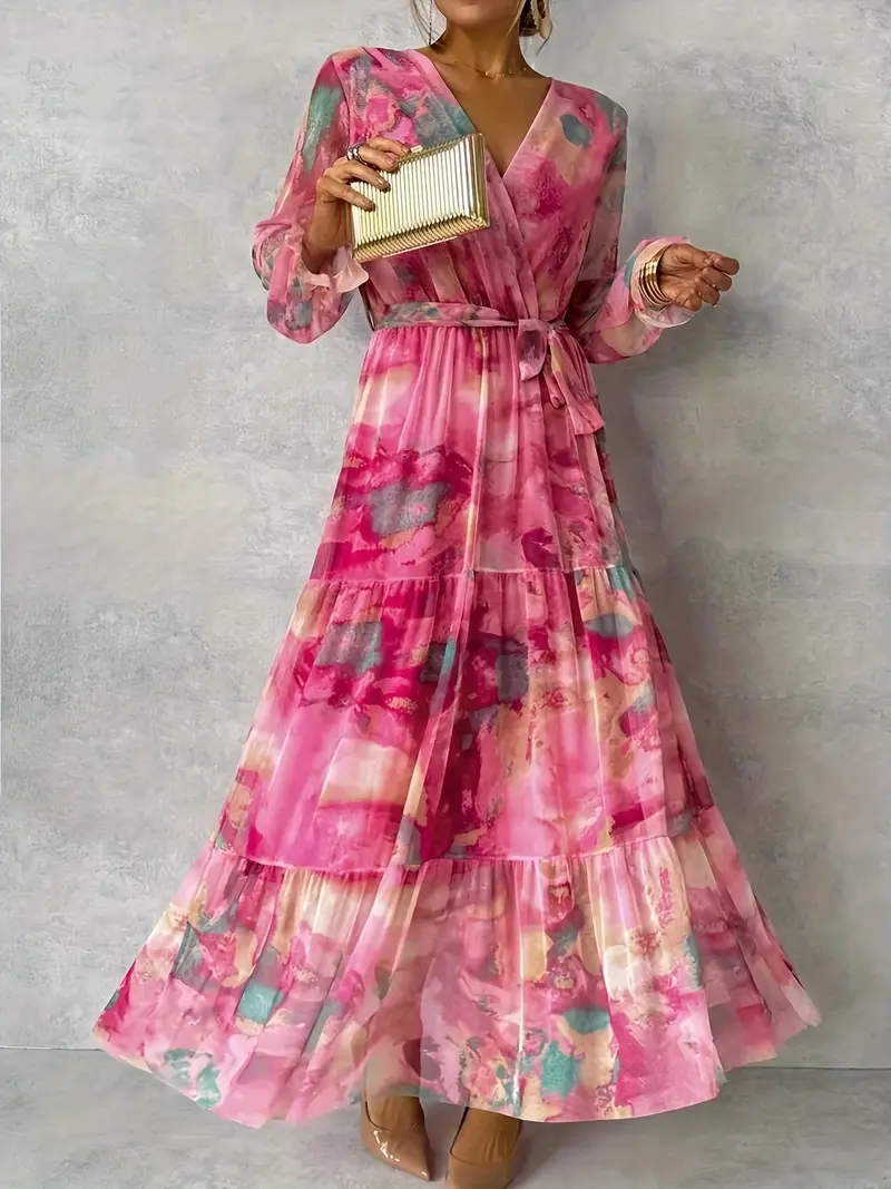 womens elegant floral print maxi dress a line formal casual gown pink machine washable non stretchy fabric for parties office casual attire womens clothing silhouette quality stitching vneckline dress party Product details 0