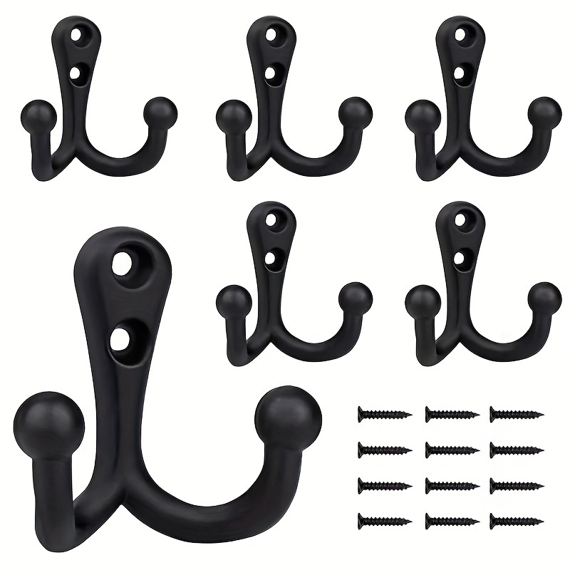 

5pcs Sleek Black Alloy Double Hooks - Contemporary, Easy-to-install Wall-mounted Hooks For Coats, Towels, Hats - Ideal For Cabinets & Wardrobes, Includes Installation Screws, Hooks For Hanging