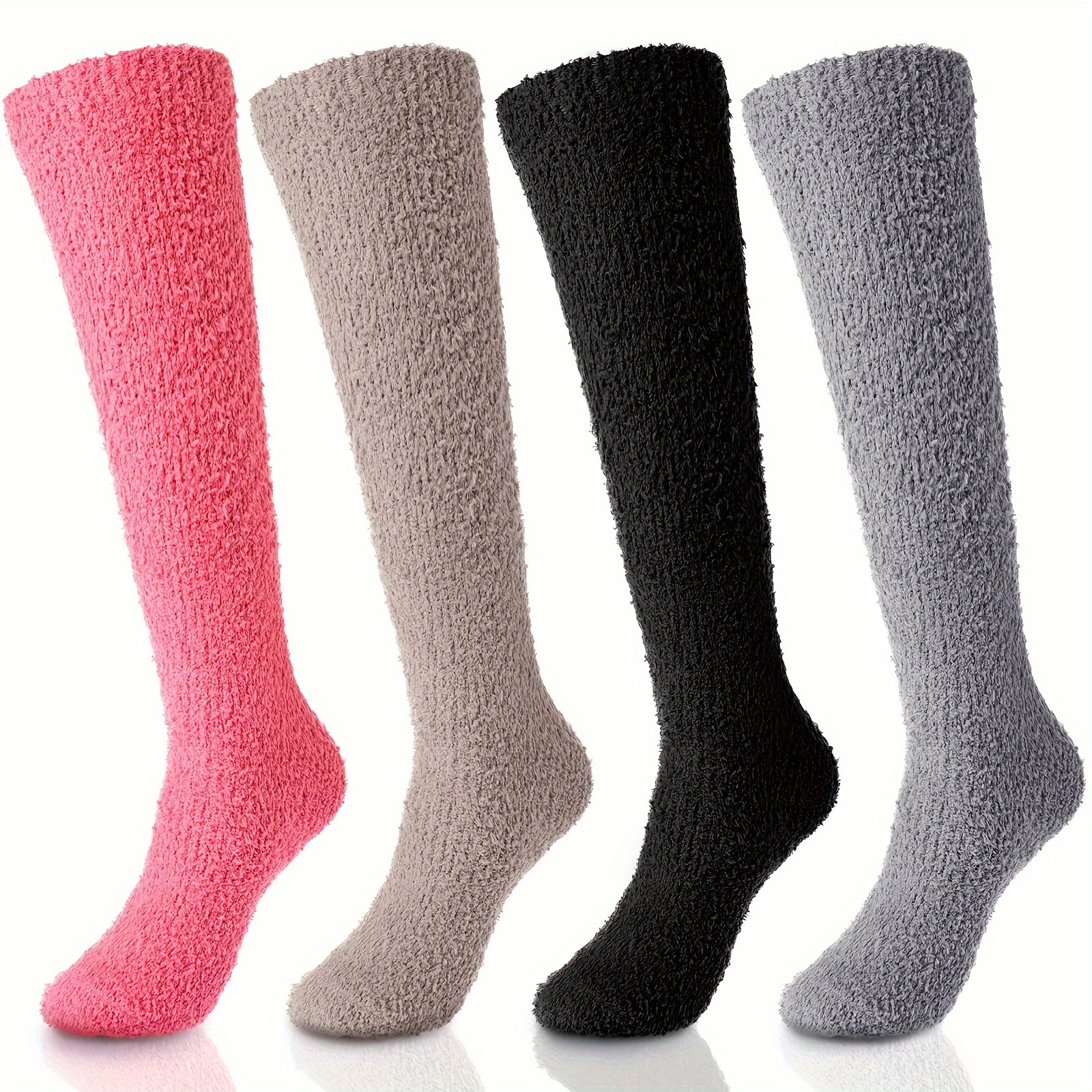 4 pairs heavy duty knee high plush socks ultra soft warm winter thermal floor sleep socks for s pink beige black grey cozy outdoor stockings hand wash only durable winter booties Product details 1