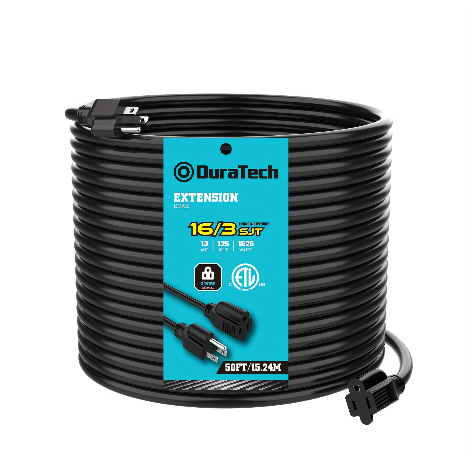 

Duratech Extension Cord 50 Ft, Outdoor Extension Cord, 16/3 Sjt, 13 Amps, Heavy Duty Extension Cord For Power Tools, Black