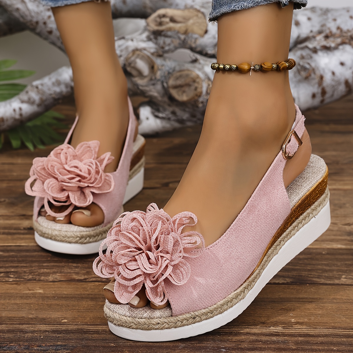 women's floral wedge sandals pink beige open toe high heel Temu