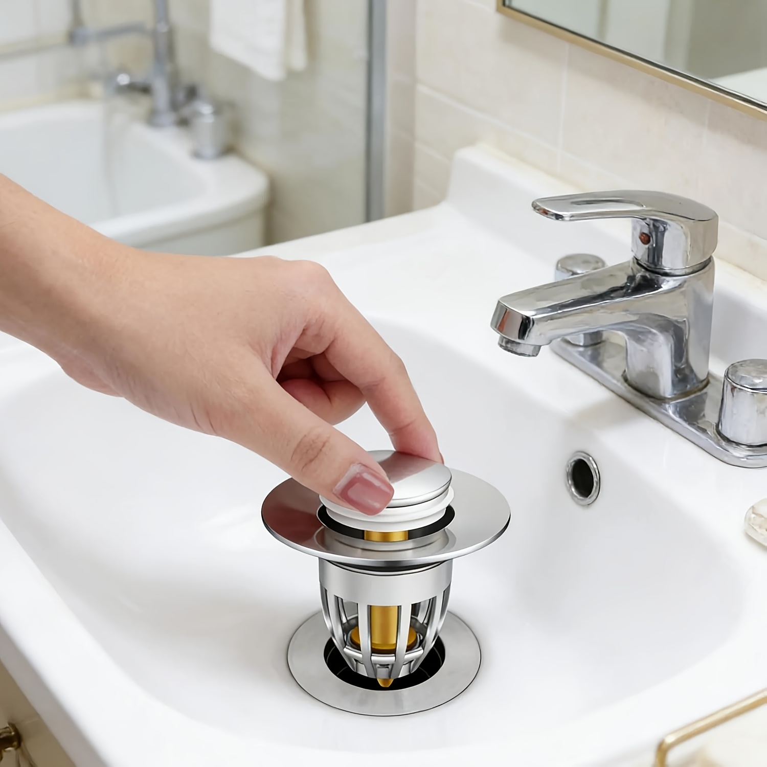 TEMU Tappo di scarico lavabo, ricambio con nucleo a molla, filtro a rete, accessorio, tappo per lavabo da tavolo, tappo sollevabile