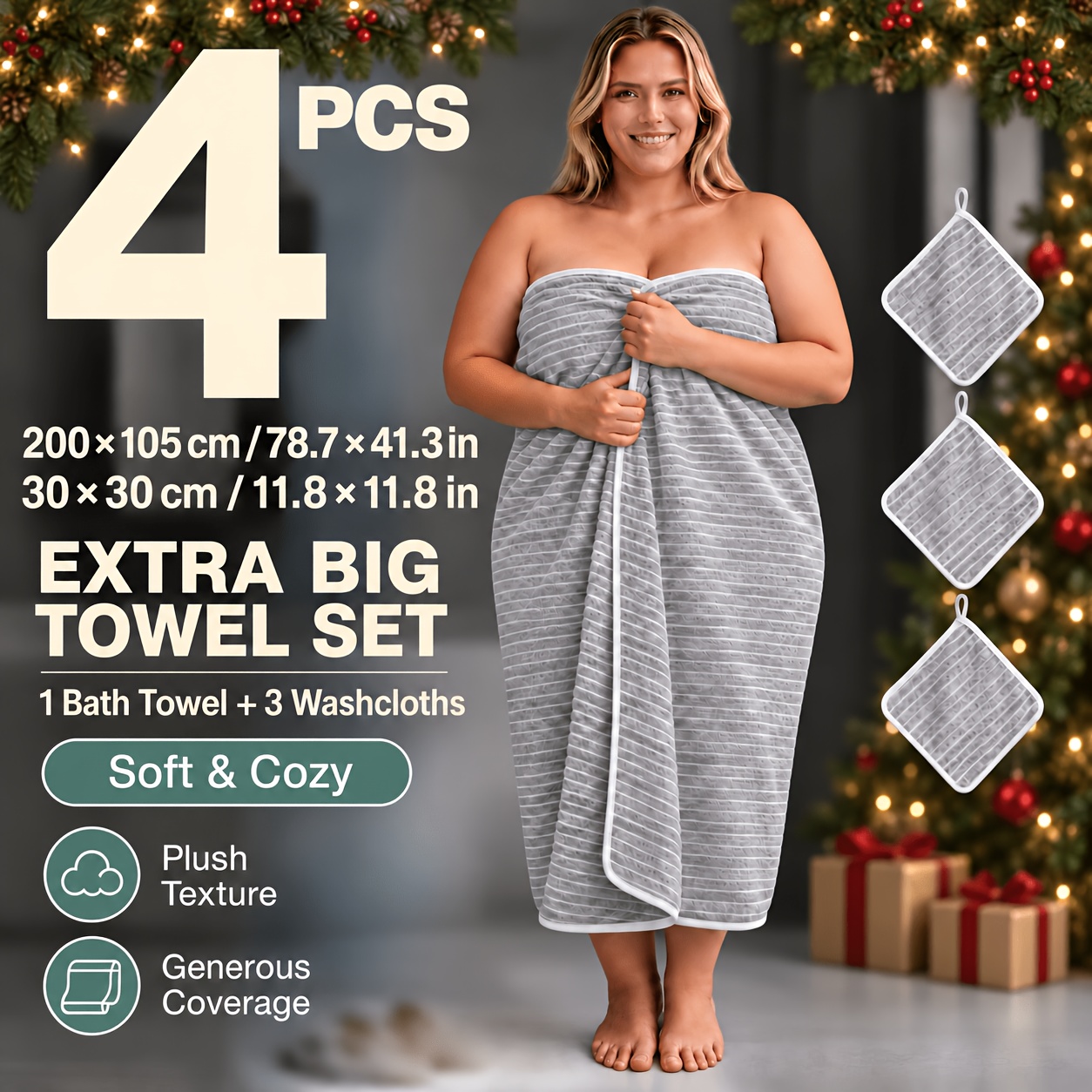 TEMU 4pcs Set, Including 1pc Extra Large 41.34 X 78.74 Inch Striped Towel, - Includes 3pcs X Inch Square Towels, Highly Absorbent Coral Fiber,