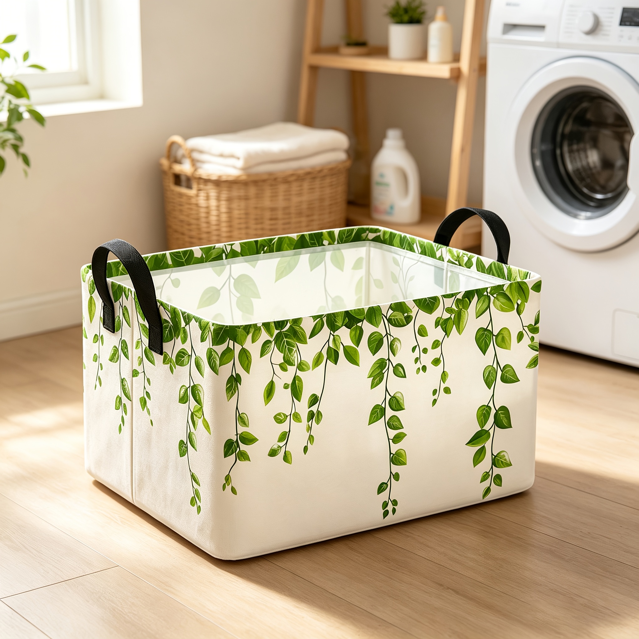TEMU 1pc Foldable Hanging Storage Basket With Green Leaf Vine Pattern - Contemporary Rectangular Fabric Bin Suitable For Clothes,,, Bedroom, Entryway