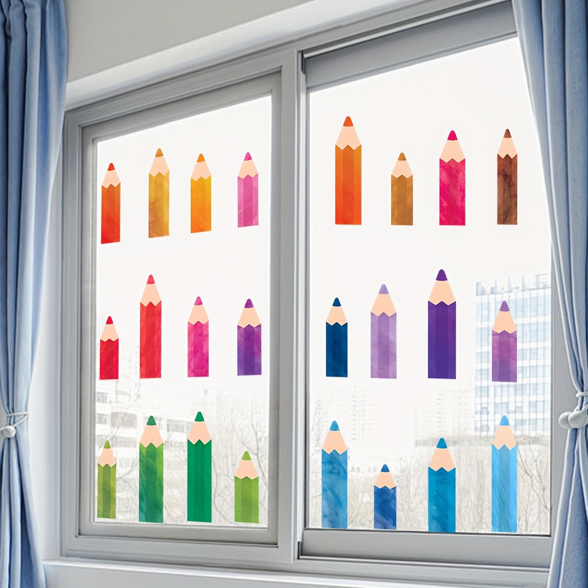 2pcs colorful pencil glass window stickers vibrant geometric pvc decals for bedroom home office decor self   semi   easy to apply remove window decorations