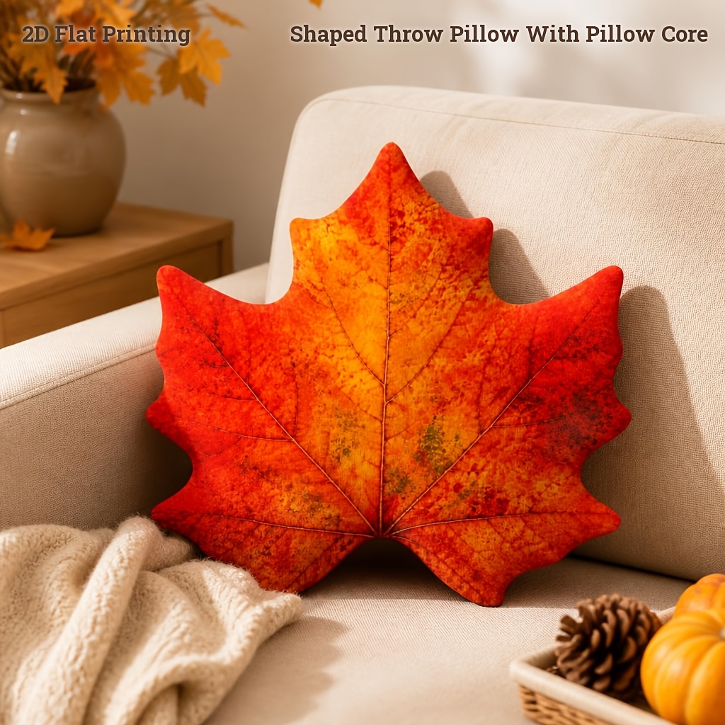 TEMU Coussin décoratif d'automne de feuille d'érable 2D imprimée et plate, oreiller rembourré rouge et orange avec motif de , décoration de canapé