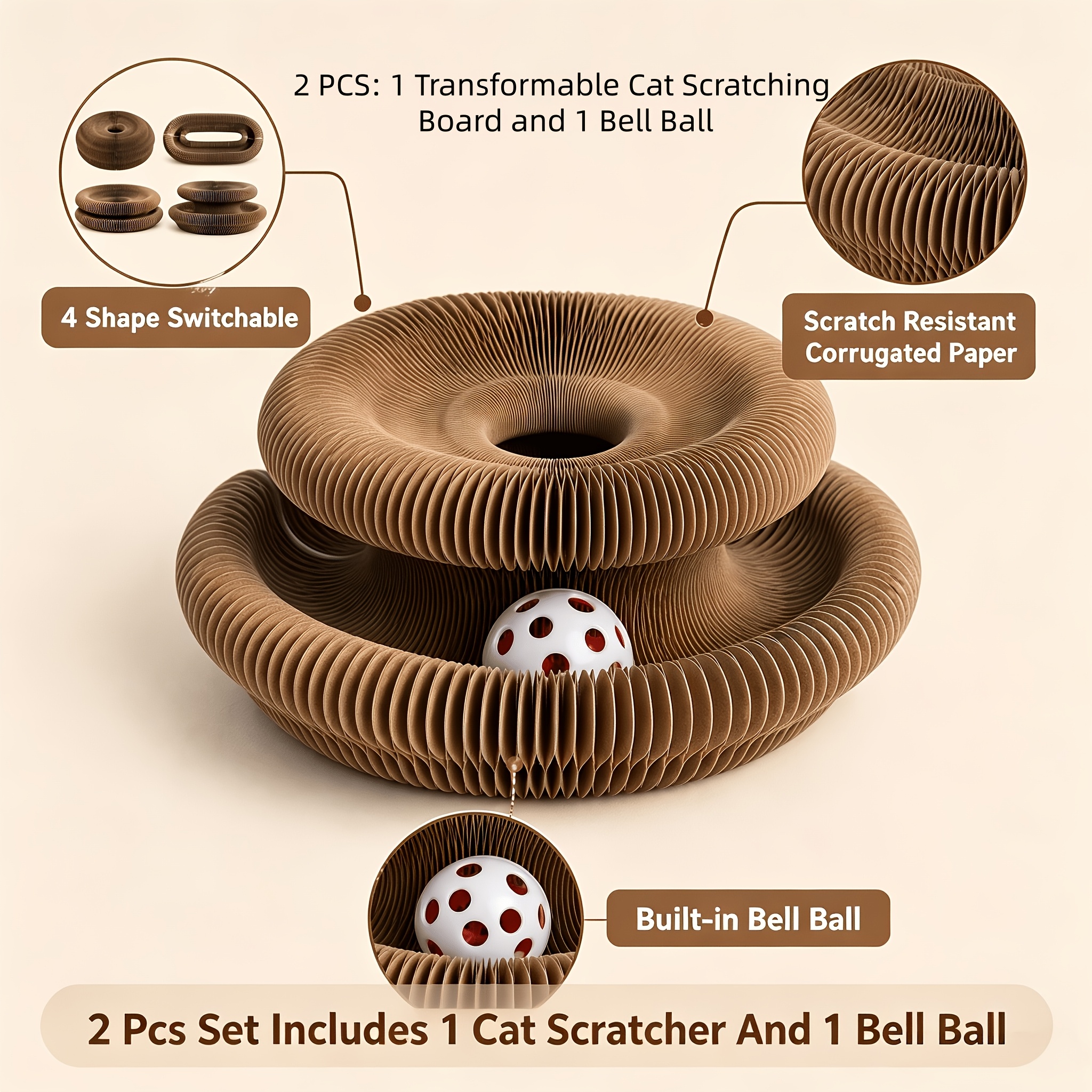 TEMU Griffoir interactif pour chat avec clochette, transformable, convient à tous , carton durable, lot de 2 (1 planche + 1 balle à clochette),