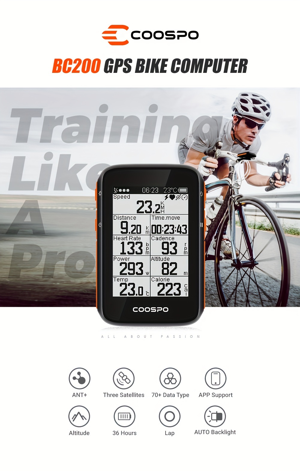 GPS Vélo Avec écran LCD 2,4 Pouces – Autonomie 20h, Résistant IPX6, Suivi Vitesse Distance Altitude Température