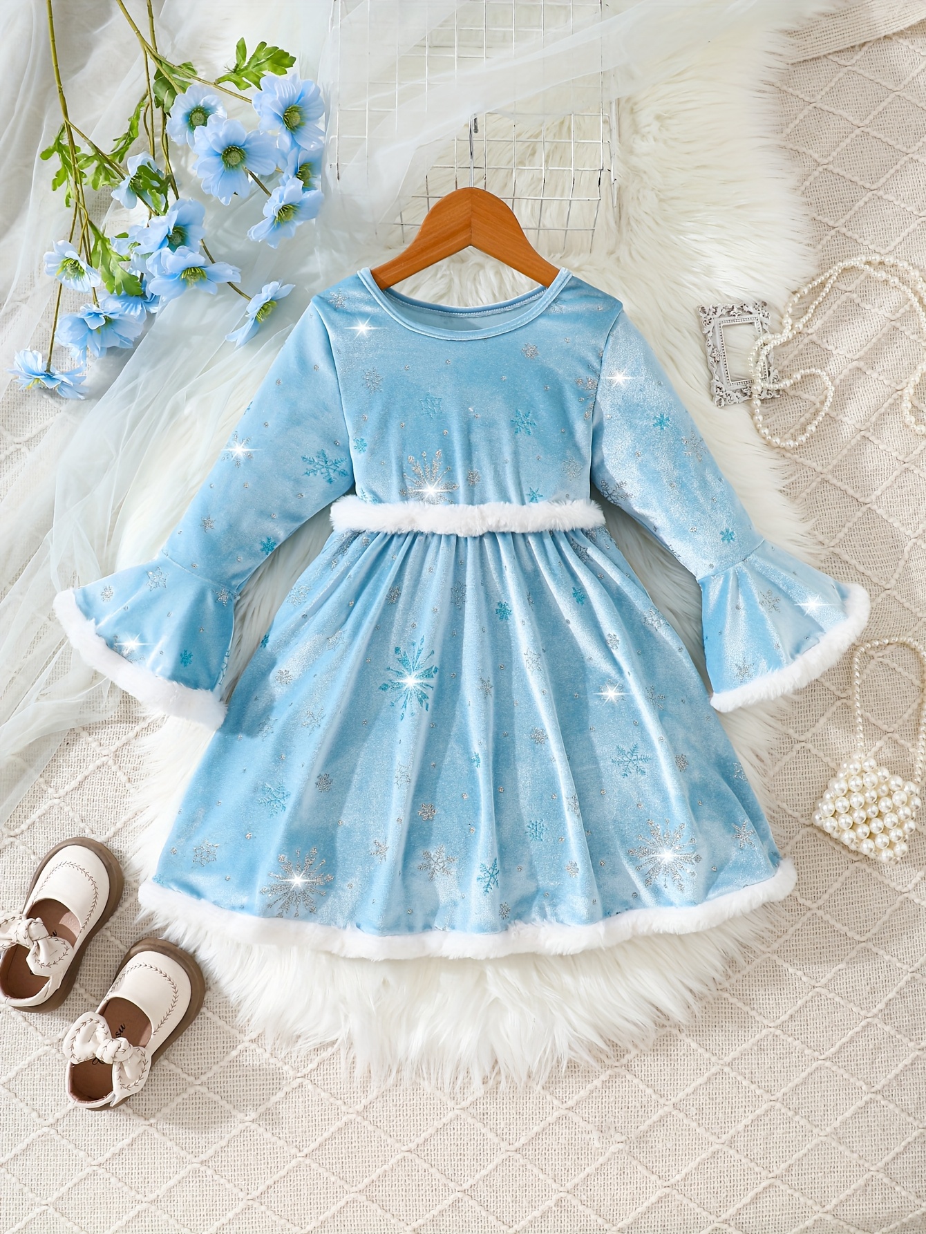 sachin and babi light blue dress Regency core fur trim cape main image 0