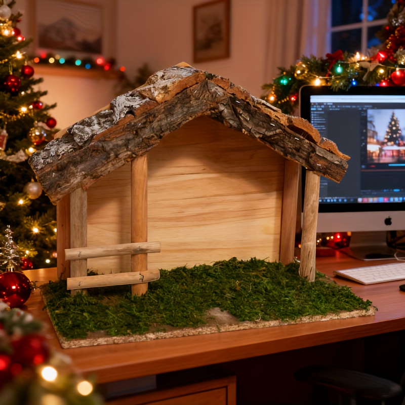 Image of Large Christmas Wooden House - Handmade Solid Wood Frame, Moss Bark Decoration, Christmas Decoration, Gift For Family And Christian Holiday Arrangement