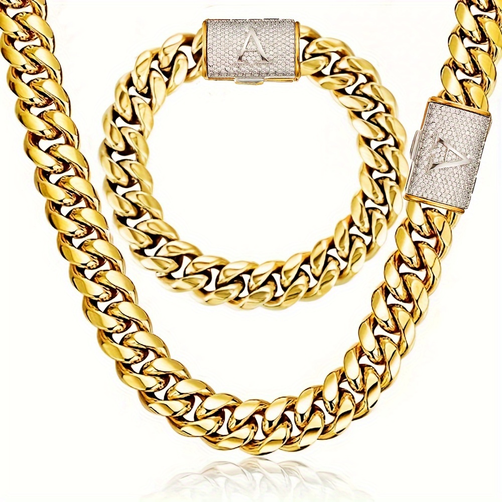 

2pcs Miami Cuban Link Chain Set For Men Hip Hop Jewelry 18k Golden Plated Stainless Steel Cut Faux Diamond Initial Letter A Buckle Bracelet Necklace Set