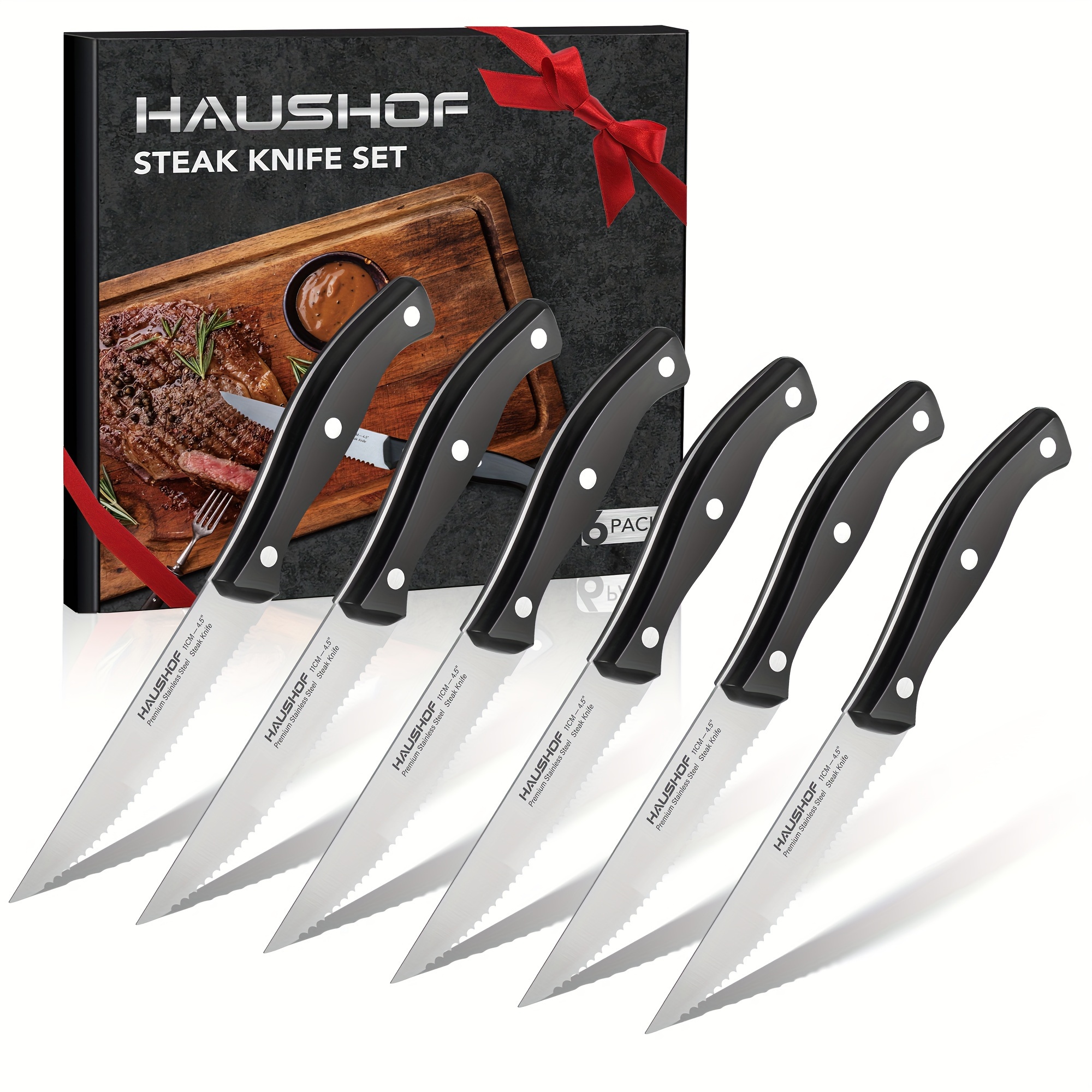 

Haushof Steak Knives Set Of 6, Premium Stainless Steel Serrated Steak Knife Set With Gift Box, Full Tang And Ergonomic Handle, Gifts Knife Set For Mom, Dad, Wife And Husband