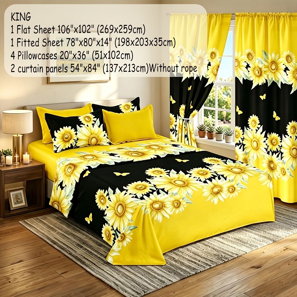 Temu – TEMU Queen/full/king 8pcs Brushed Microfiber Bedding With Matching Sunflower Curtains, Luxury Bedding, Soft Breathable Machine Washable, All Season