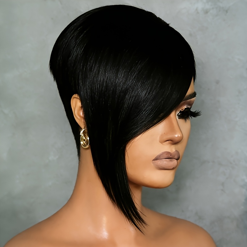 Image of Short Cut Wig Human Hair With Long Bangs Layered For Women 180% Density Brazilian Human Hair Full Machine Made Non-lace Versatile For Daily Wear And Parties