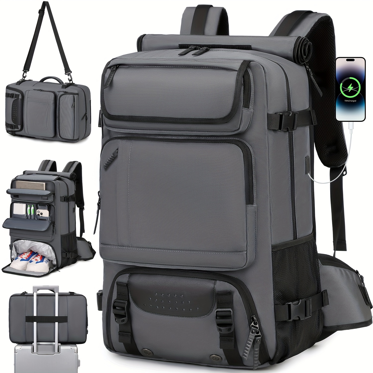 

50l Men's Travel Backpack - Convertible Duffle Bag With Shoe Compartment, Usb Charging Port & Laptop Sleeve - Water-resistant Nylon Hiking & Gym - Gray, Backpack For Travel