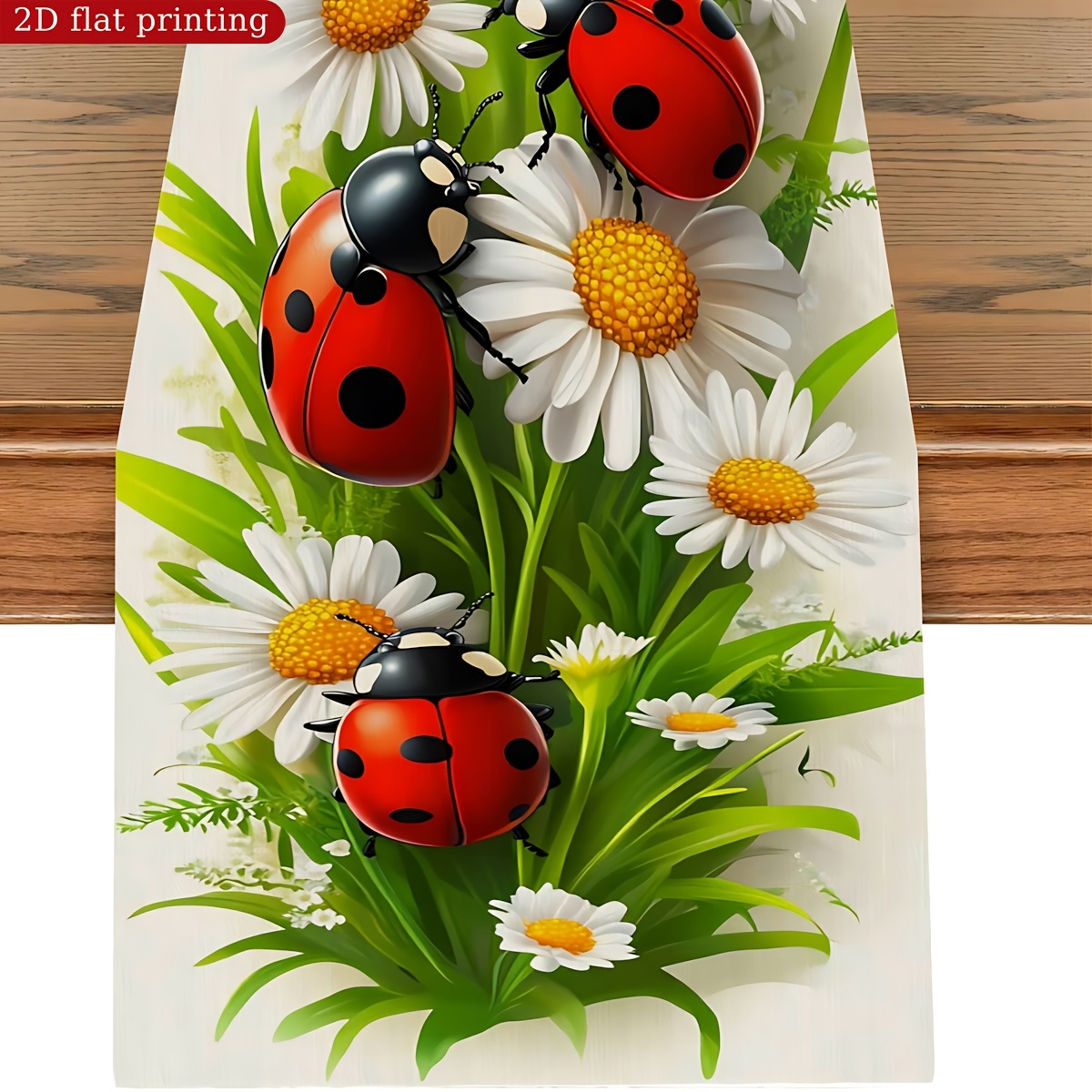 Image of 1 Daisy And Ladybug Print Table Runner - Polyester, Vibrant Red And , Suitable For Garden Parties, Kids' Birthdays, Kitchen, And Outdoor Decor