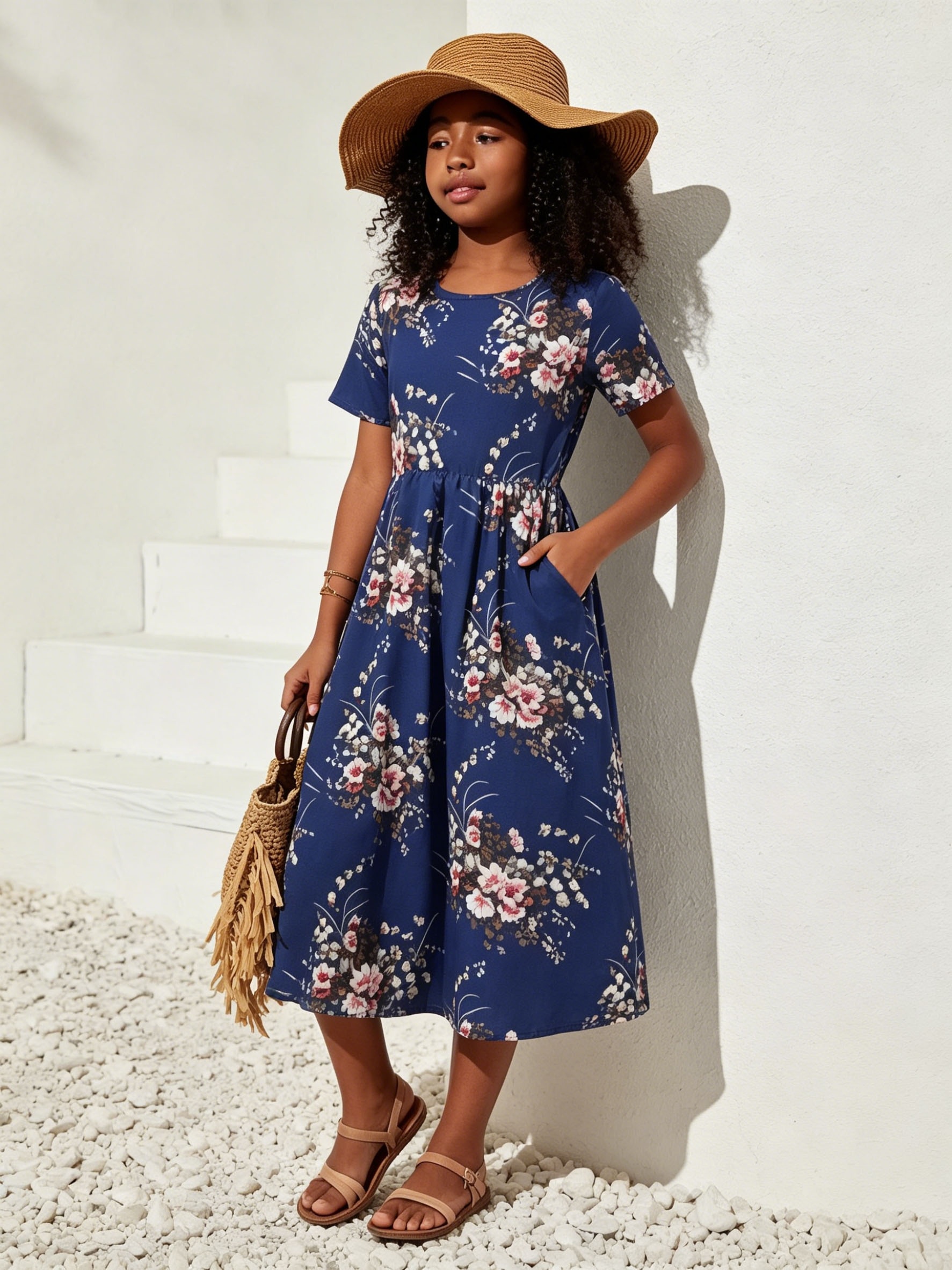Girls' Navy * Midi Dress with Pockets - Short Sleeve Tunic Dress Suitable  for, Vacation & Casual Attire, Loose Fit Round Neck Blouse Style Dress for  to (Machine Washable)