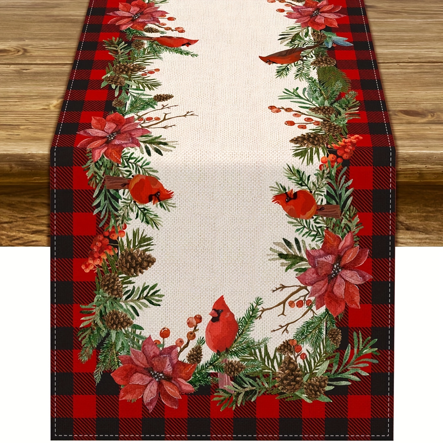 

Christmas Holiday Linen Table Runner - Woven Plaid With , Poinsettias & Holly Design, 100% Linen, Square Shape For Festive Home & Kitchen Decor, Available In Multiple Sizes (1pc)