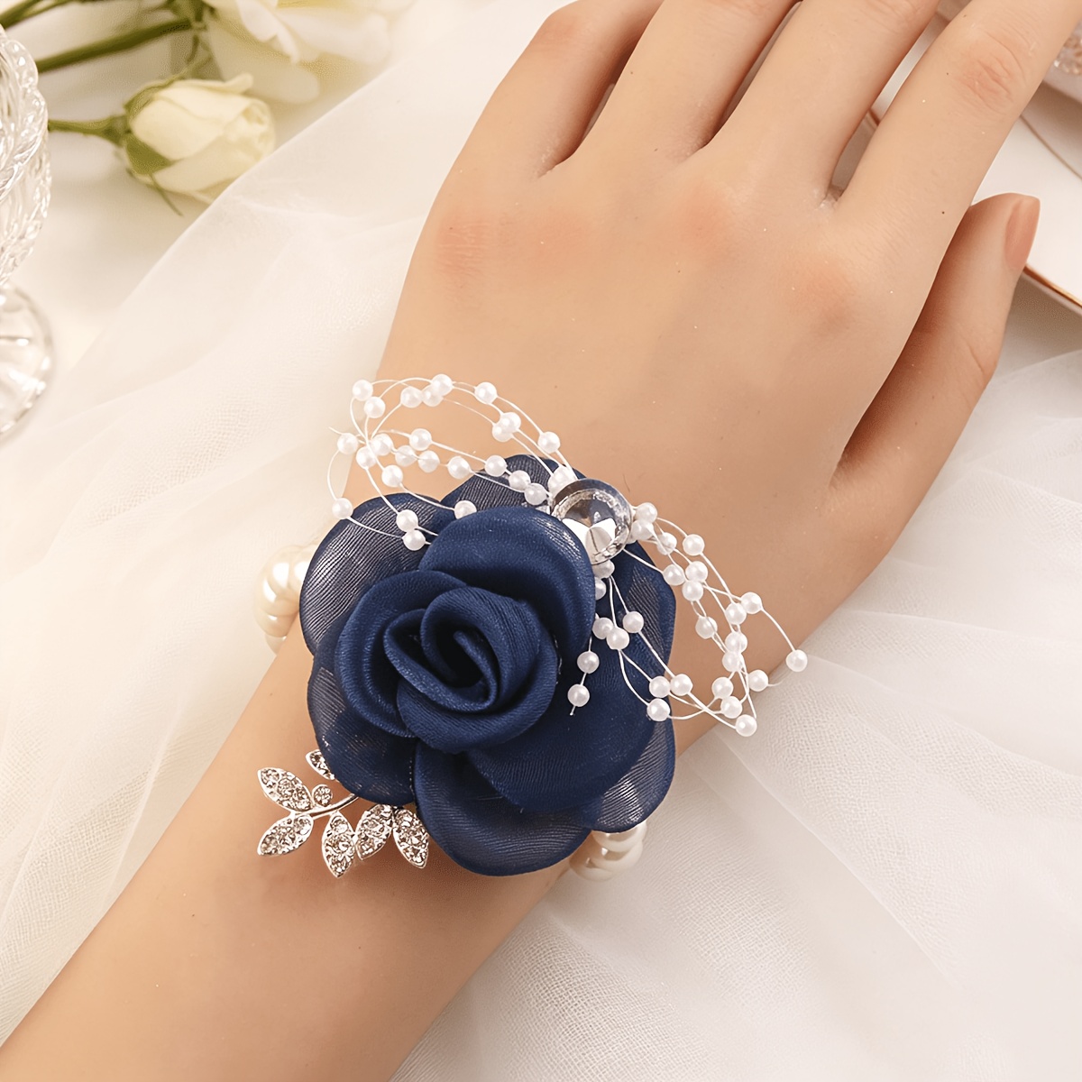 TEMU 1pc Navy Blue Artificial Rose Bridal Bridesmaid Wedding Wrist Corsage, Silvery Leaf Rhinestone Beaded Stretch Wrist Flower, Suitable For Wedding