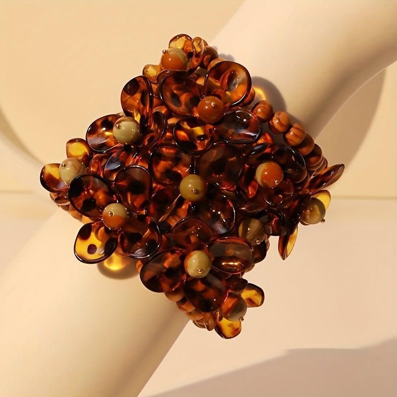 

1 Elegant Resin Floral Bead Bracelet - Bohemian Style, Amber And Brown With - Ideal For , Gifting, Or