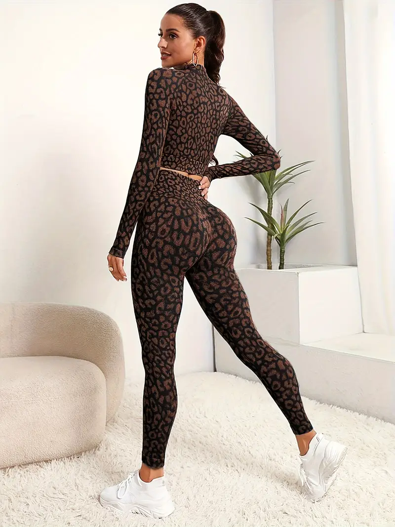 Yoga Workout Set Leopard Print Long Sleeve Zipper Jacket - Temu