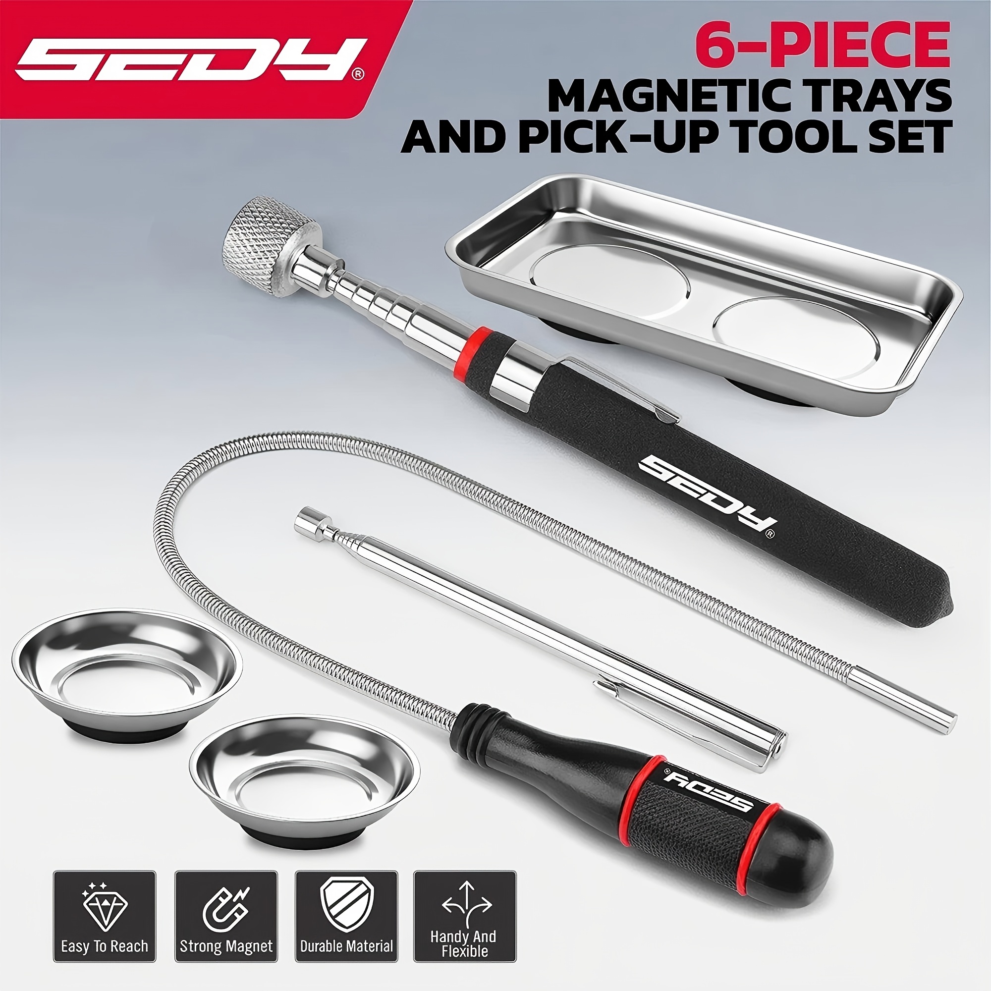 TEMU Silvery 6pcs Magnetic Tray Tool Set Flexible Telescoping Auto Repair