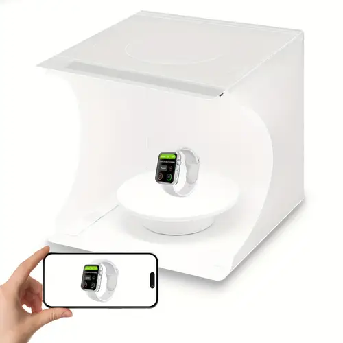 photo studio light box kit quick setup foldable portable with soft white light fabric tent 6 colors backdrop 360 motorized turntable usb powered professional photography for smartphones and dslr cameras white equipment photo mobile phone camera