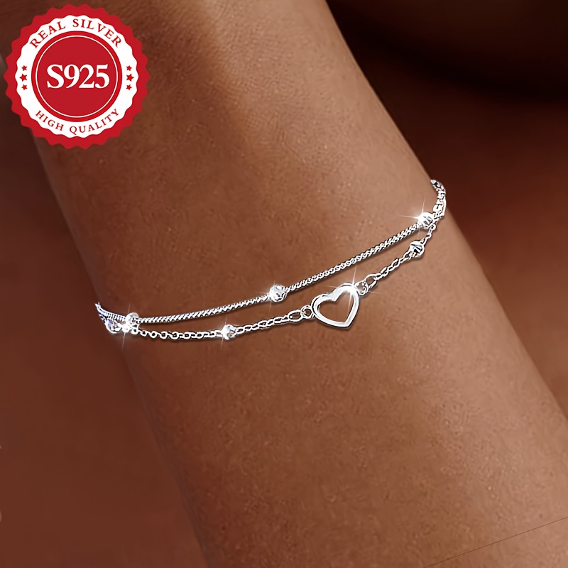 

Bracelet à double couche en argent sterling S925 pour femme, breloque en de cœur creux, style bohème élégant, plaqué argent, hypoallergénique, pour un cadeau de Noël et les festivals de musique, 3,4 g