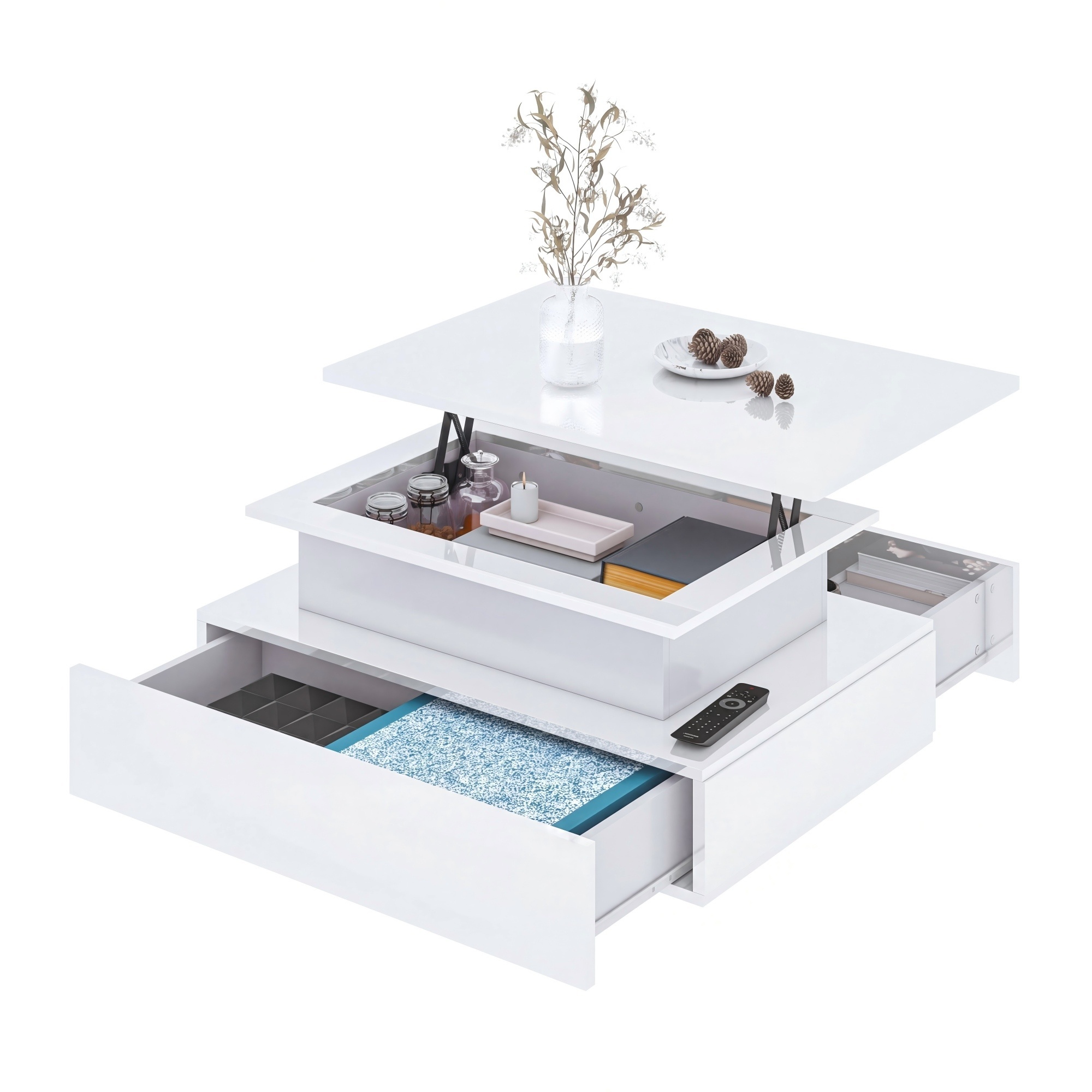Image of Height Adjustable High Gloss Coffee Table, Living Room Desk With Lifting Tabletop And 2 Storage Drawers, Modern Indoor Home Furniture