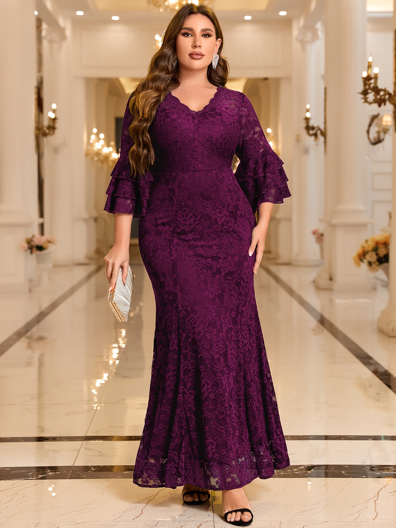 plus size plus size v neck floral lace ruffle sleeve mermaid - Temu United  Arab Emirates