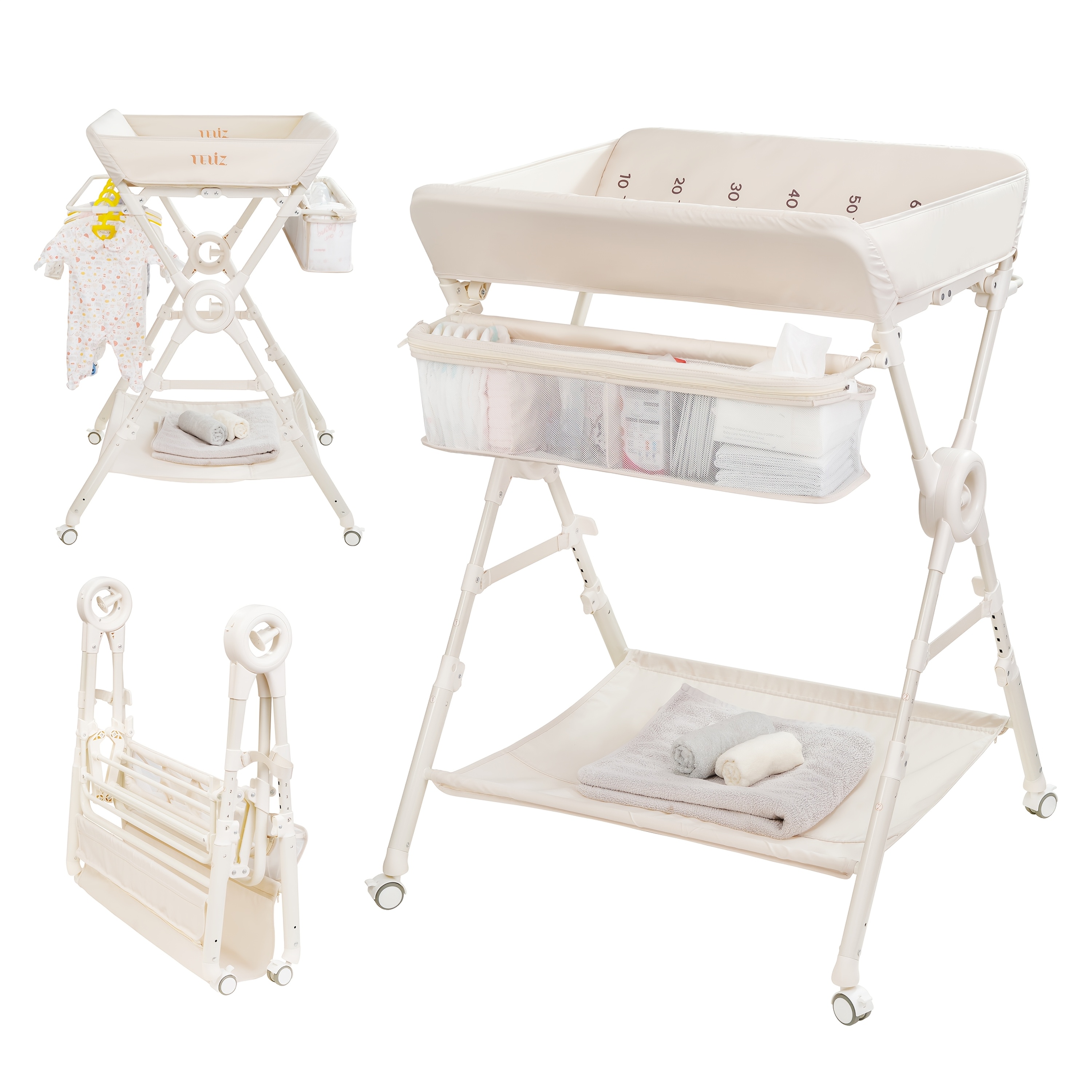 Portable Foldable Baby Changing Table with Wheels - Adjustable Height Nursery Organizer Station, Heavy-Duty Metal Foldable Diaper Changing Table with Storage Shelf, Hanging Rail & Side Basket for Nursery, Travel, for Infants & - Image 2
