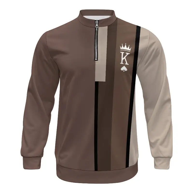 2025 autumn new khaki brown color block minimalist pattern mens casual sportswear set fashion trendy half zip crew neck pullover long sleeve tee athletic leisure joggers for daily wear sports walking commuting Product details 1