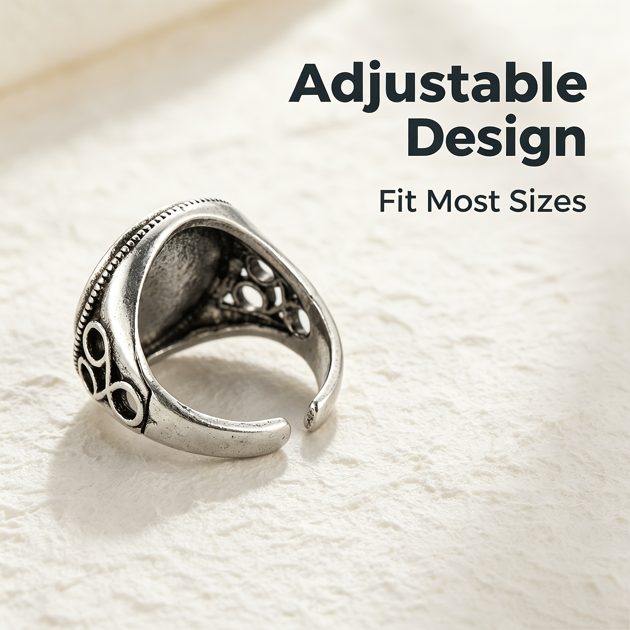 Classic Black Side-Hollow Carved Adjustable Open Ring with Stained Glass Design