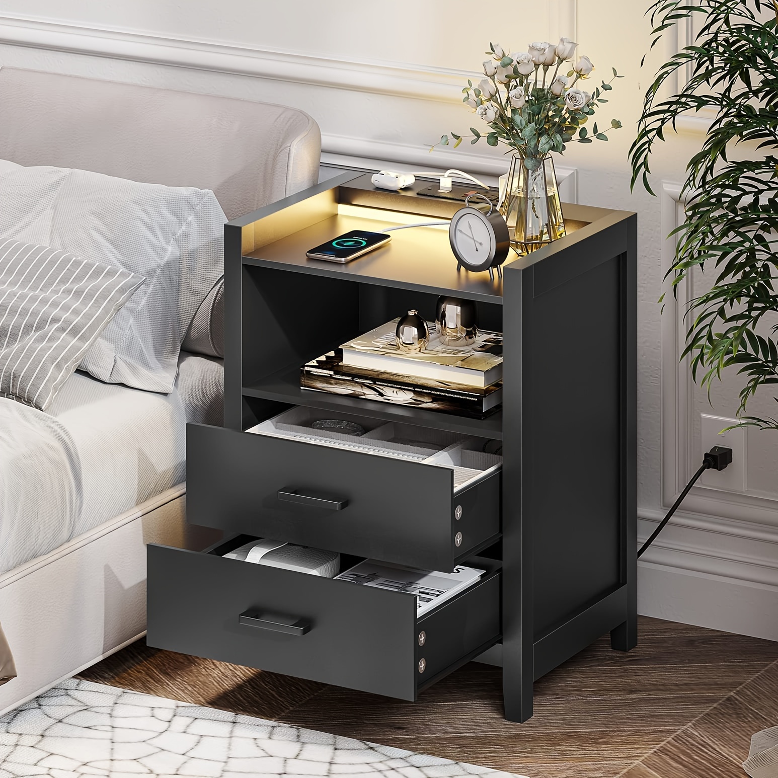 

1pcs Black Nightstand With Led Lights And Charging Station, End Side Table With 2 Drawers And Open Storage, Bedside Table For Bedroom