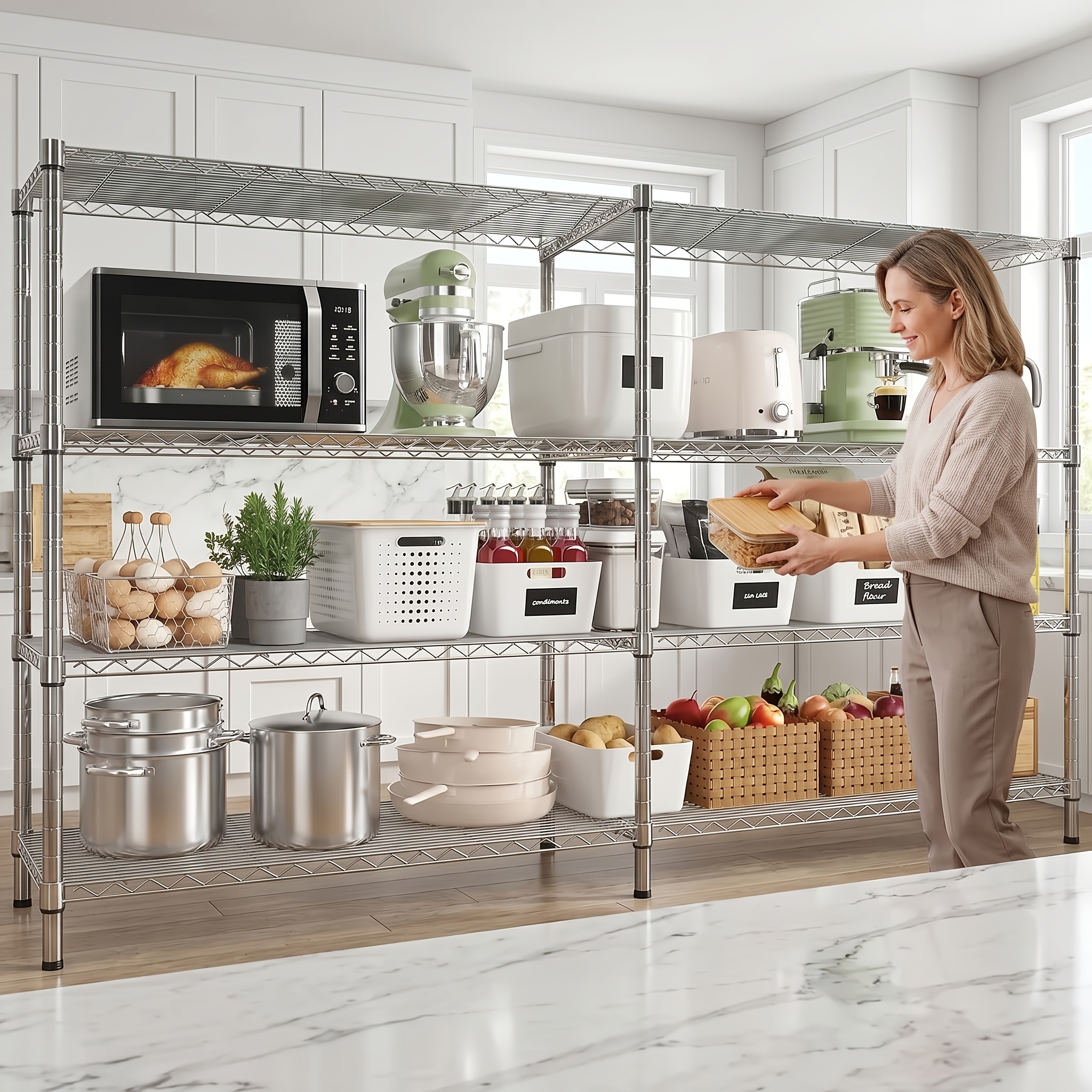 4 Tier Standing Shelving Unit, Height Adjustable, Heavy Duty Shelf, Corner Storage Shelf, Metal Shelf For Bathroom Kitchen Garage Bedroom, 35 X (76+76) X 152cm, Standing Shelf