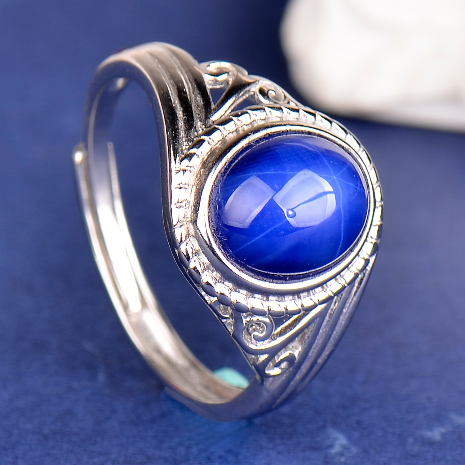 925 Silver Starlight Blue Stone Adjustable Ring, Luxury Gift