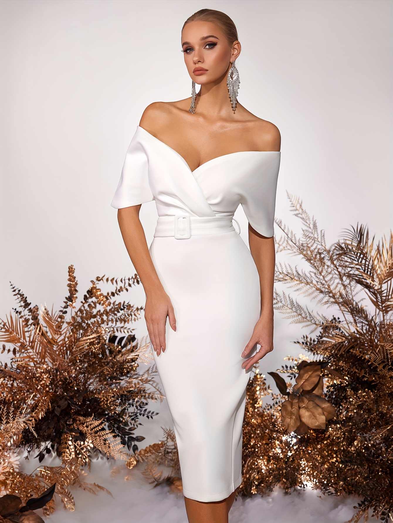 Off Shoulder Plain Formal Dress, Elegant Short Sleeve Belted Sheath Evening  Dress For Party Banquet, Women's Clothing