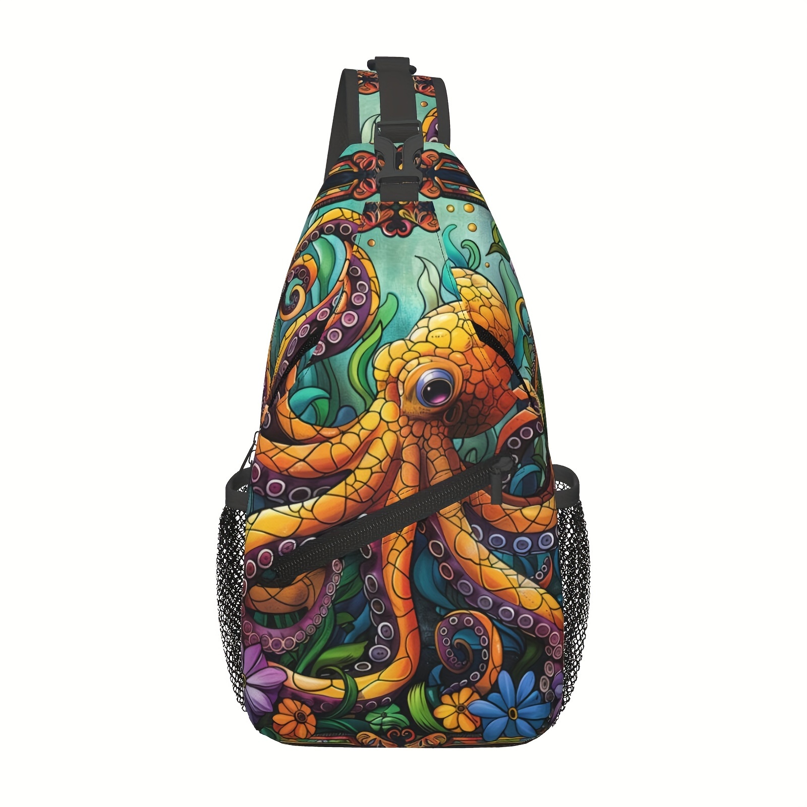 TEMU Crossbody Chest Bag Hiking Backpack Cartoon Octopus In Flowers Shoulder Bag Folding Large Capacity Fashion Durable Used For Shopping, Work, Beach Bag Fishing Backpack