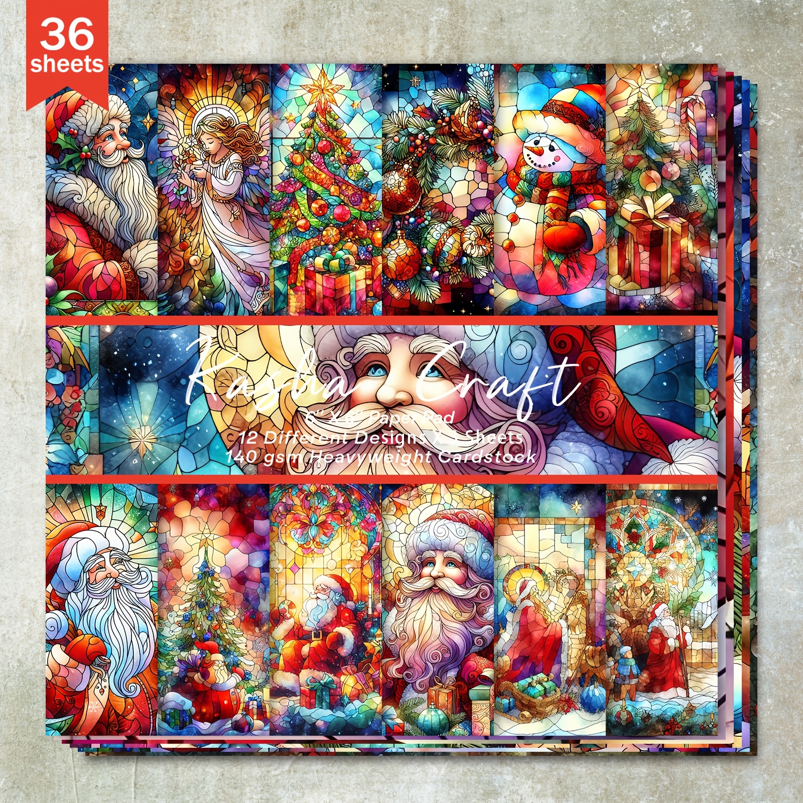 

36pcs Christmas Stained Paper Sheets, Santa And Patterns, 6-inch Decorative Craft Paper, For Scrapbooking, Journaling, Greeting Cards, And Diy Holiday Projects