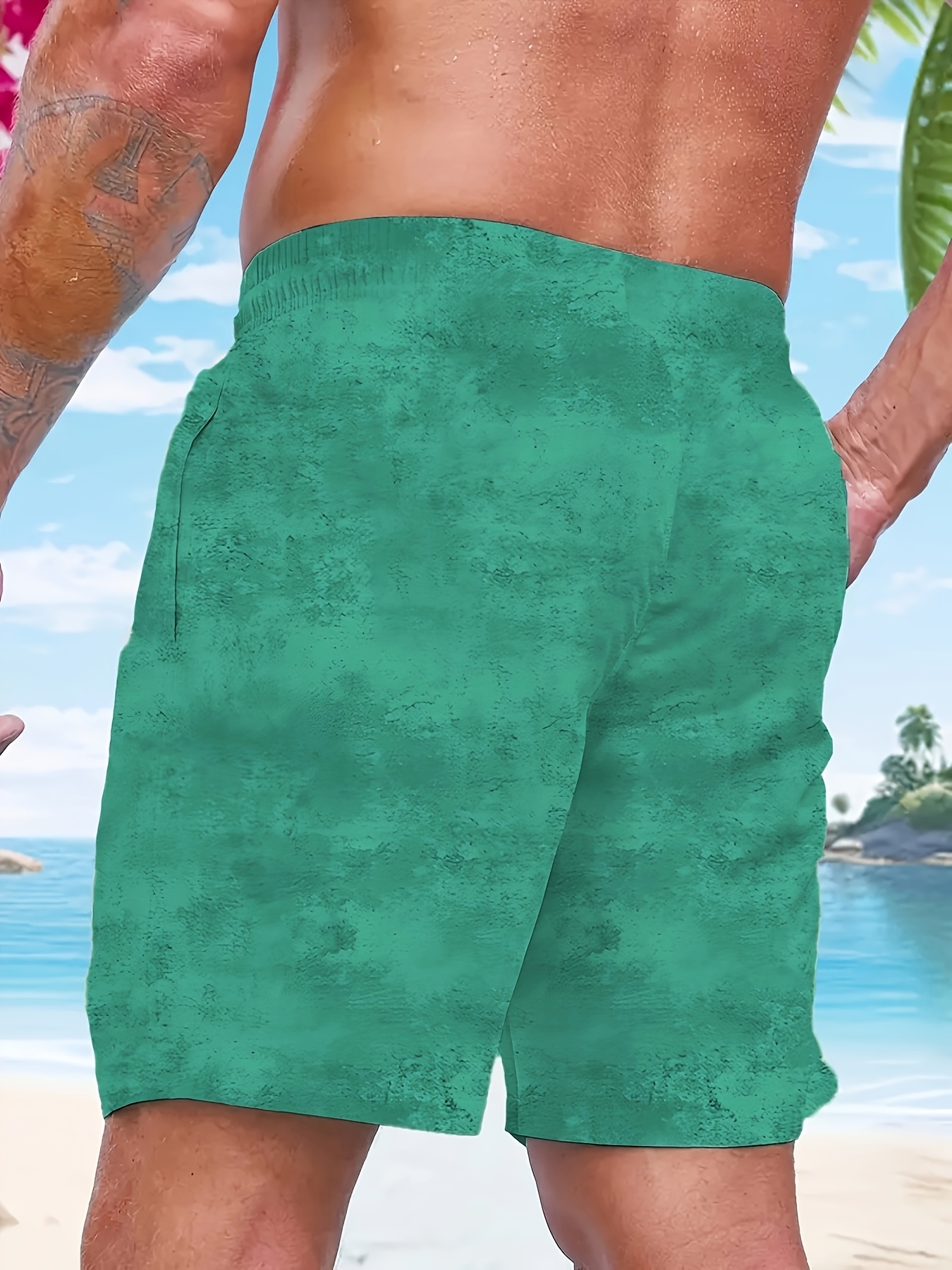 Men's Skull & Ship Print Beach Shorts - Lightweight Quick-Dry Polyester Swim Trunks with Adjustable Drawstring Waist, Regular Fit Casual Swimwear for Surfing, Pool & Summer Adventures (Khaki/Charcoal), Bathing Suits, PLUS SIZE