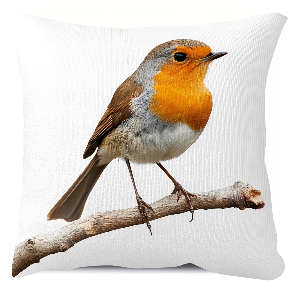 

1pc Bohemian Style Robin Bird Print Double-sided Short Plush Pillow Cover, Machine Washable Polyester Throw Pillowcase With Zipper Closure For Sofa, Living Room, Bedroom - Jll6694