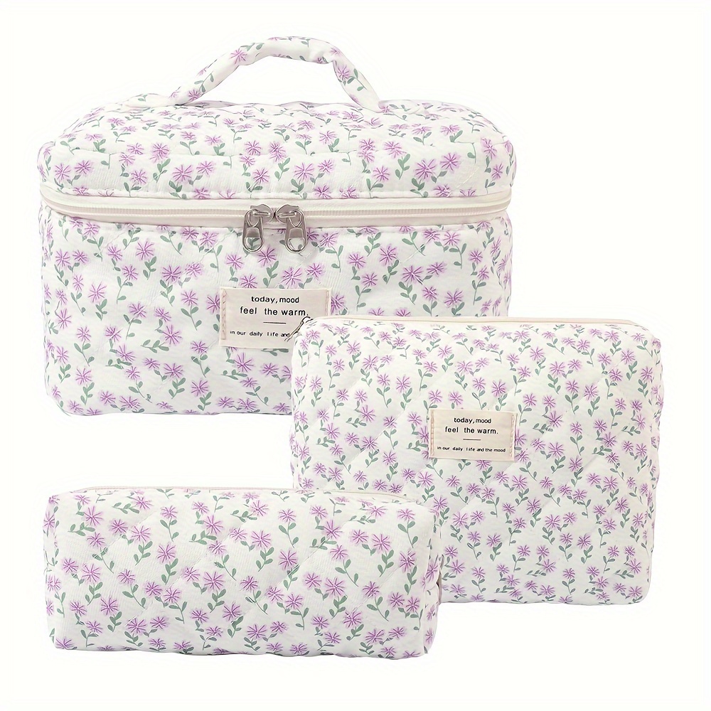 

3pcs Cotton Cosmetic Bag Set For Women, Quilted Floral Makeup Storage, Unscented Toiletry Organizing Pouches, Non-waterproof Aesthetic Travel Cases