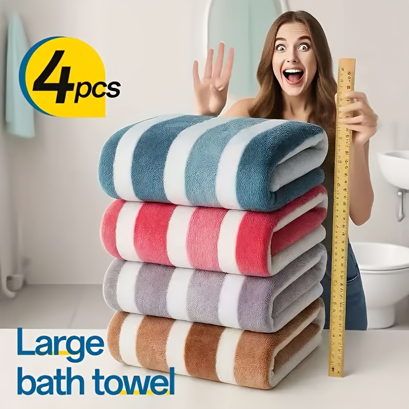 TEMU 4pcs Striped Luxury Household Bath Towel Set, Drying Household Large Bath Towel, Suitable For Bath, Bath, Home Use, Bathroom Cleaning Towel,