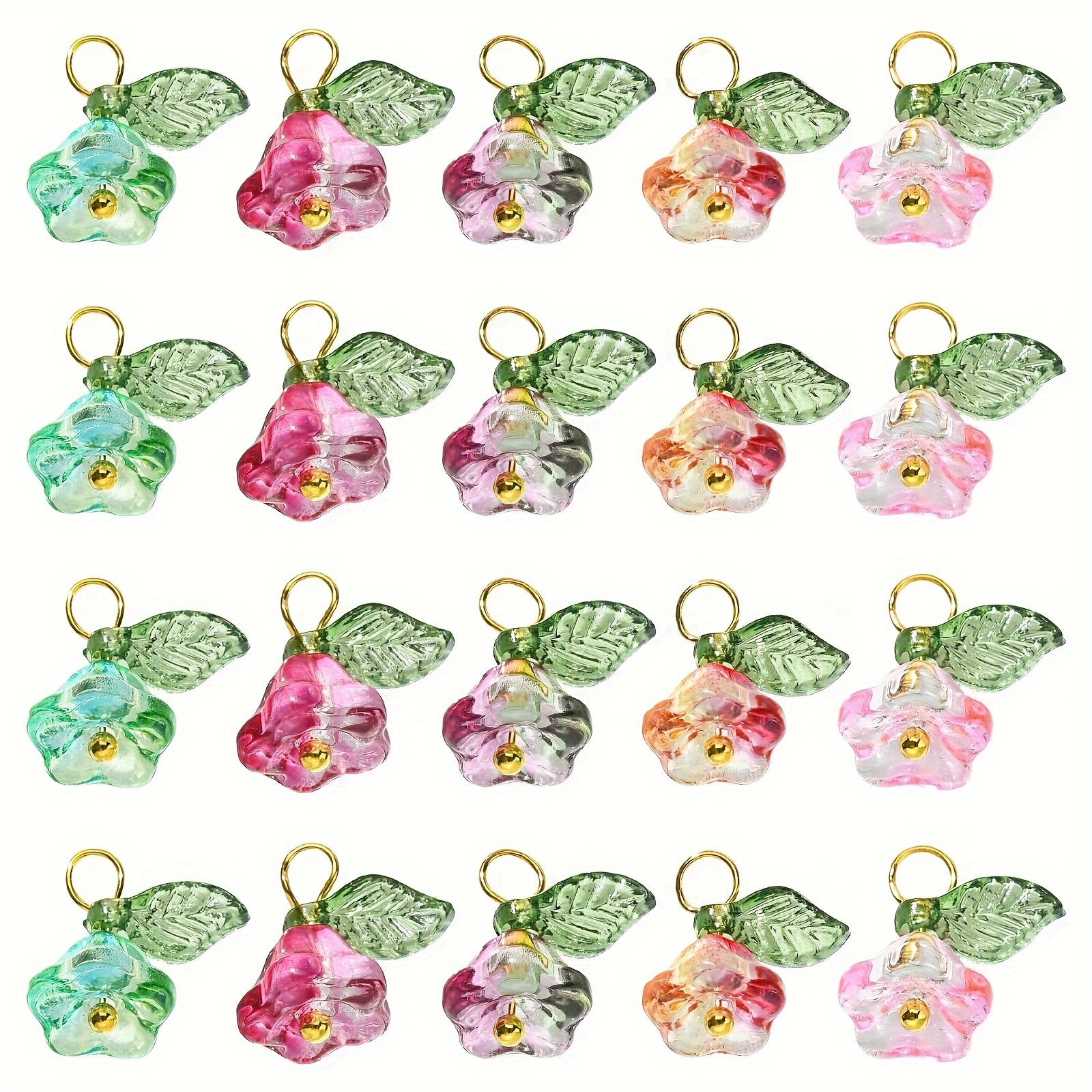 

50pcs 5 Colors Glass Trumpet Flower Pendants Spring Elegant Floral With Leaf Charms For Diy Necklace Bracelet Earrings Jewelry Making Accessories Keychain
