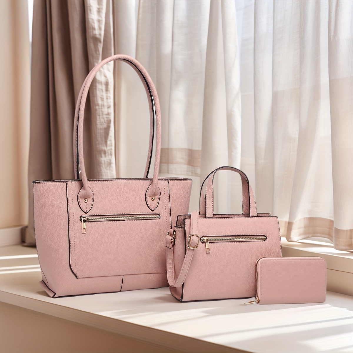 Elegant Pink Croc-Embossed Women Bag Set Two-Piece Croc Embossed Handbag & Pouch Set - Blush Pink  main image 4