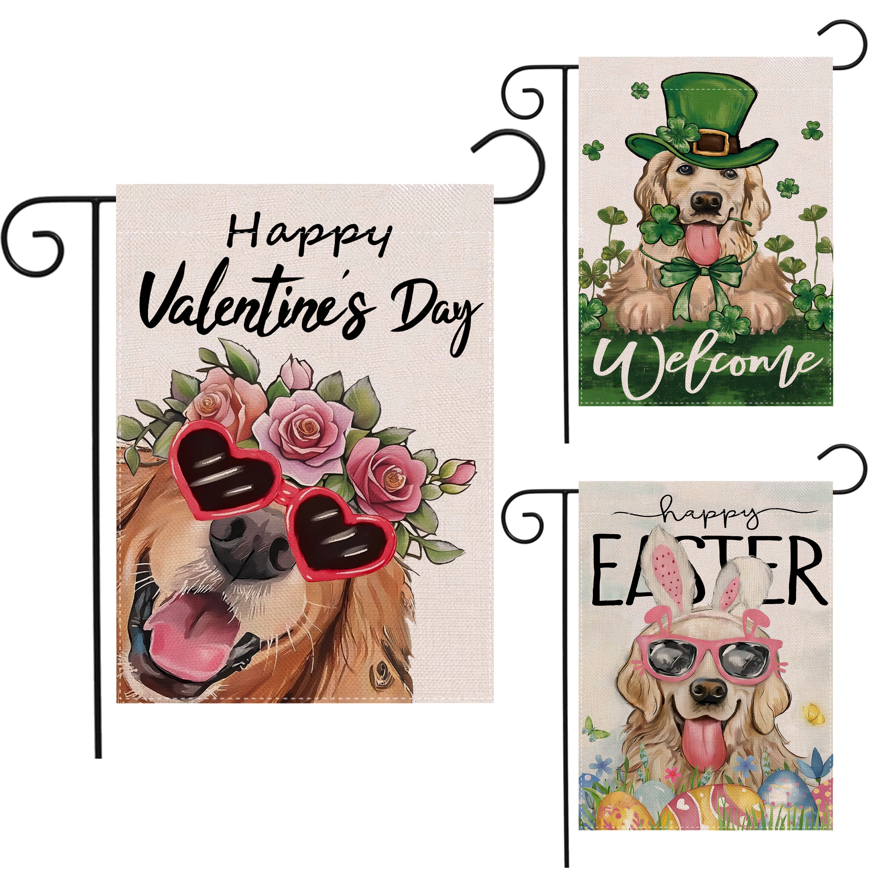 

3pcs Seasonal Dog Garden Flags, Valentine's Day Easter 's Day Holiday Yard Decorations, Welcome Outdoor Decoration Flag Set, 12×18 Inch Double-sided Linen, No Flagpole