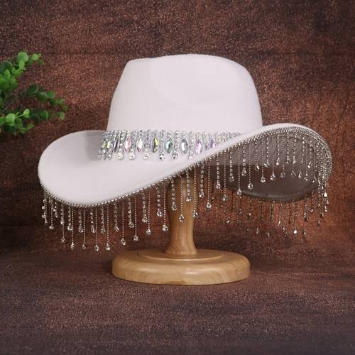 1pc elegant water drop diamond cowboy hat tassel decorate exquisite felt hat suitable for events parties and multi color
