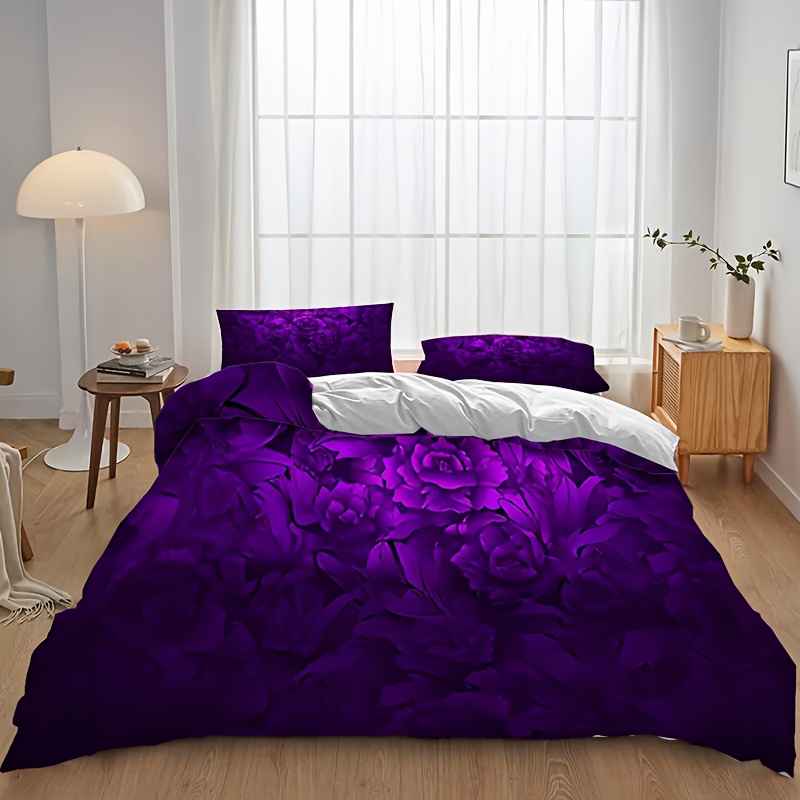 TEMU 3pcs Duvet Cover Set, 1 Duvet Cover And 2 Pillowcases, Purple Print, Full/queen/king Size, , Farmhouse Bedding Set